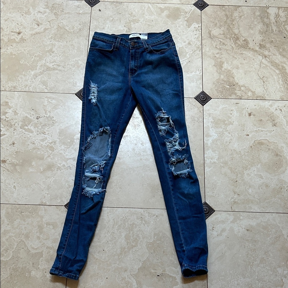 Vibrant Women's Distressed Skinny Jeans - Deep Blue